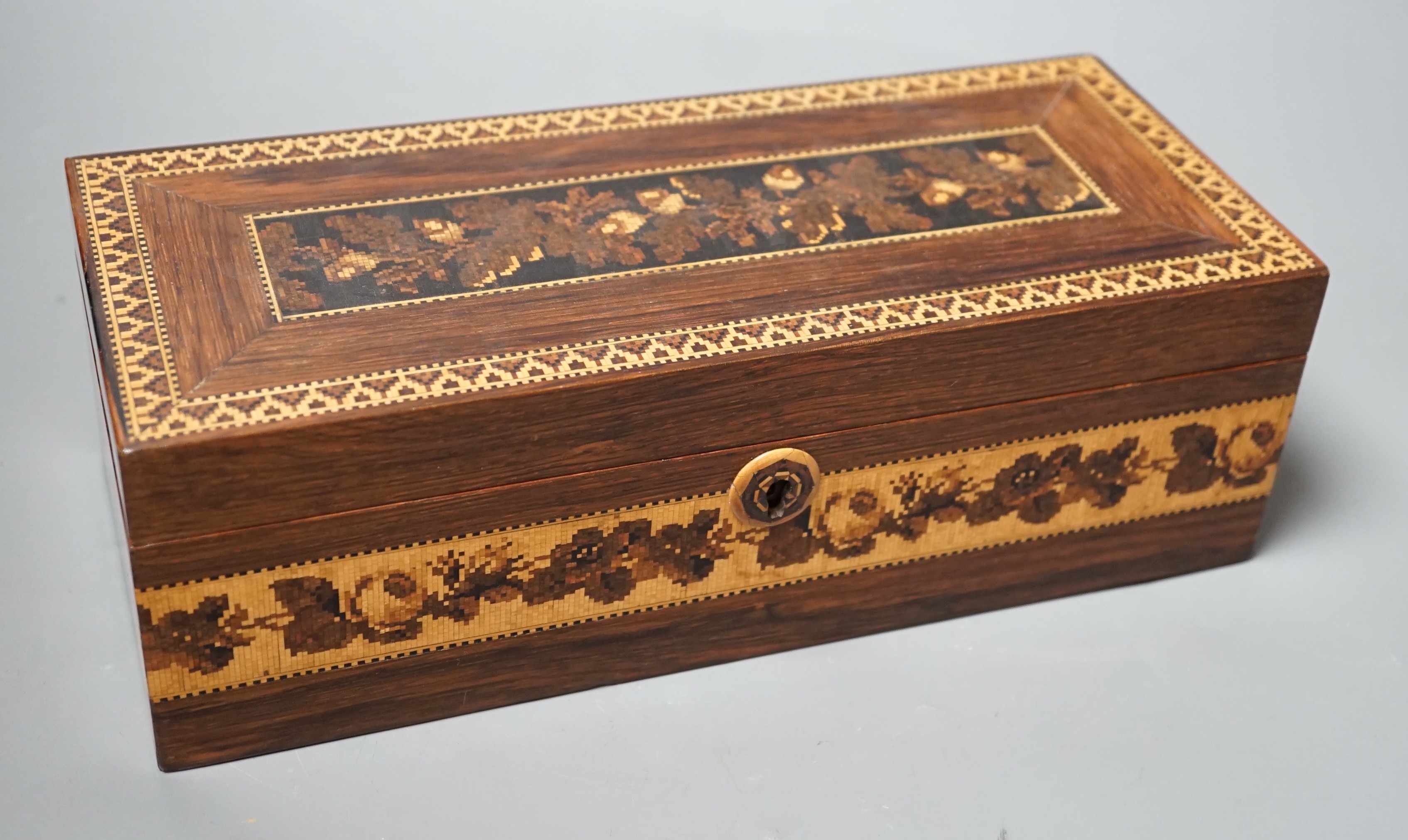 A Tunbridge ware rosewood mosaic glove box, with stickware escutcheon 26.5cm wide